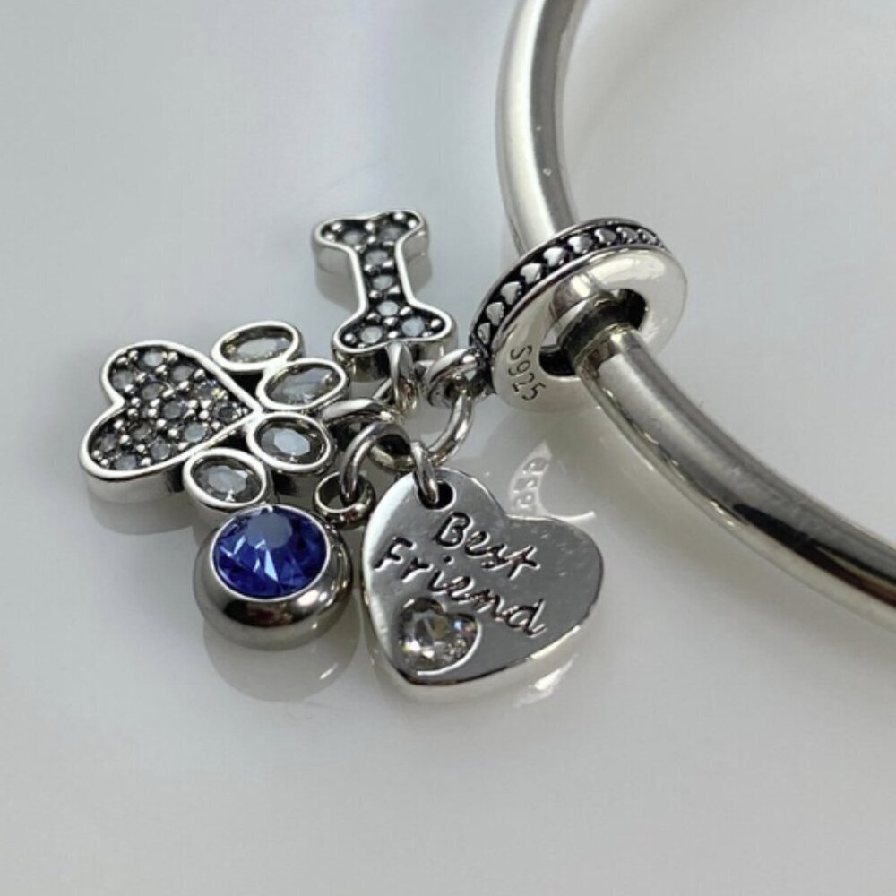 Sterling Silver Best Friend Paw and Bone with Birthstone Dangle - CUSTOMIZABLE